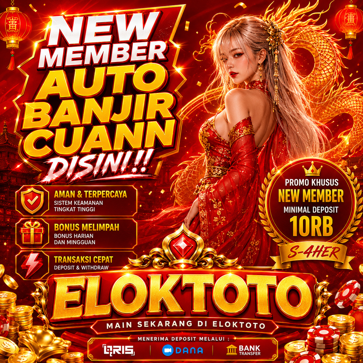 Poster ELOK TOTO New Member Auto Banjir Cuann, tema merah emas dengan karakter naga dan informasi promo member baru